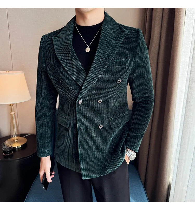 Autumn Winter New Men Corduroy Suit Jackets Double-Breasted Striped Slim Fit Casual Coats High Quality Formal Business Tailcoat