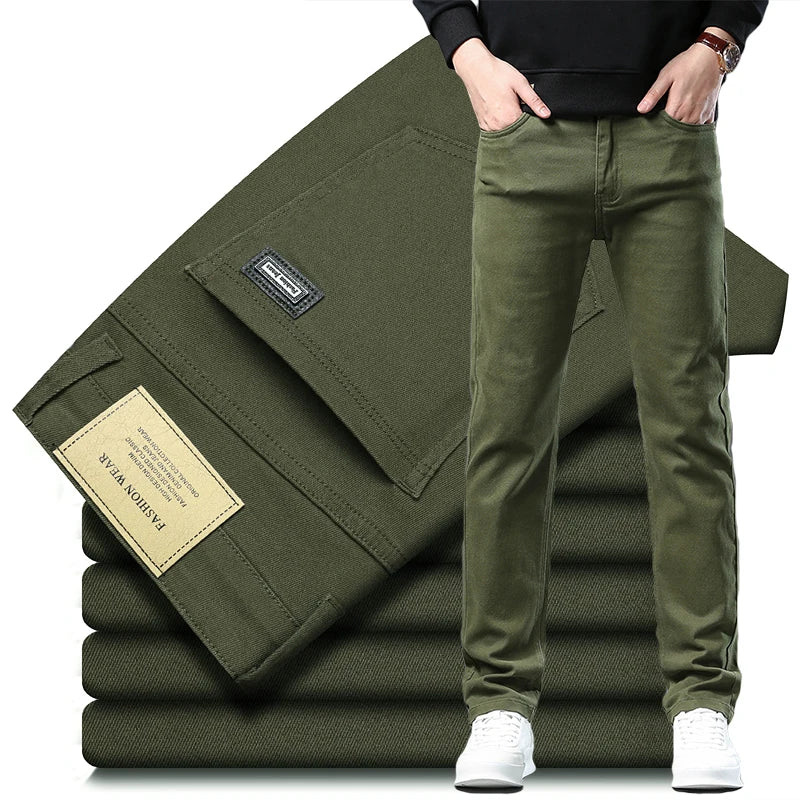Army Green Elastic Cotton Jeans Men's Spring Fashion Slim Straight Denim Pants Comfort Large Size Korean Business Casual Trousers