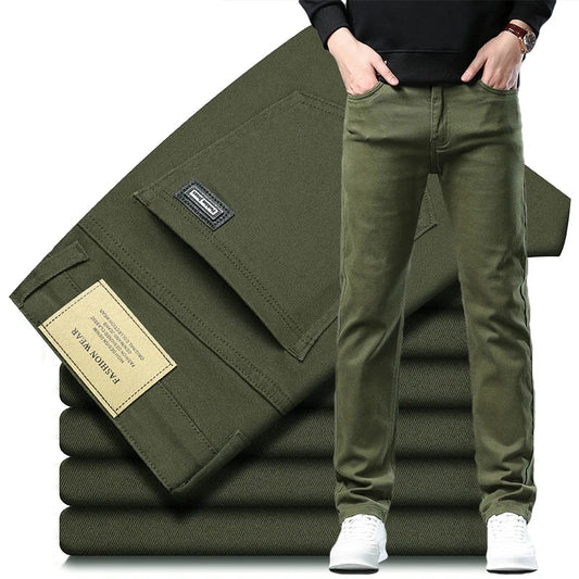 Army Green Elastic Cotton Jeans Men's Spring Fashion Slim Straight Denim Pants Comfort Large Size Korean Business Casual Trousers