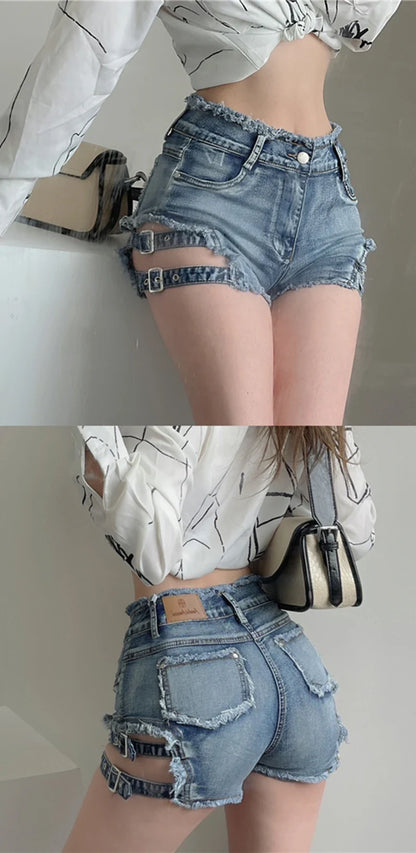 Y2K Denim Shorts Women Sexy Hollow Out Short Jeans Streetwear Korean Fashion High Waist Slim All Match Short Hot Pants New