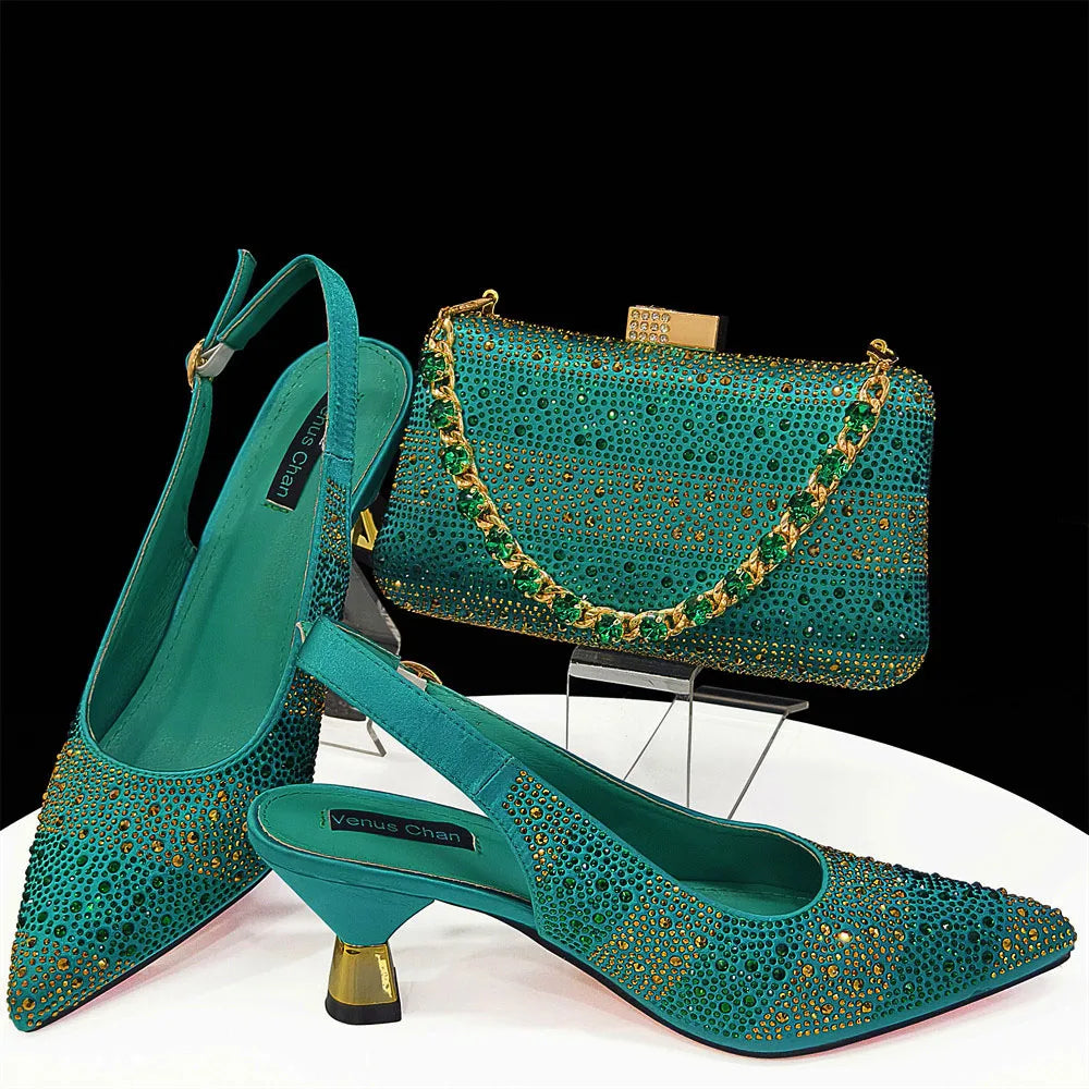 Elegant High Heels Shoes and Bag Set for Women Pointed Toe Black Color Hollow Rhinestones Matching Bag INS 2024
