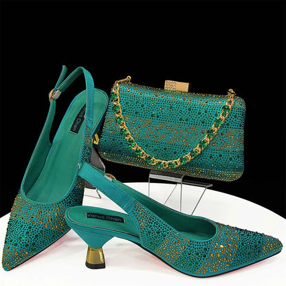 Elegant High Heels Shoes and Bag Set for Women Pointed Toe Black Color Hollow Rhinestones Matching Bag INS 2024