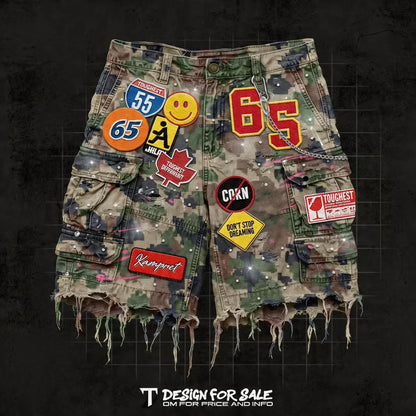 Hip Hop Camouflage Letter Embroidery Loose Fit Five Pocket Mens Streetwear Short Pants Cotton Denim Patchwork Women Shorts