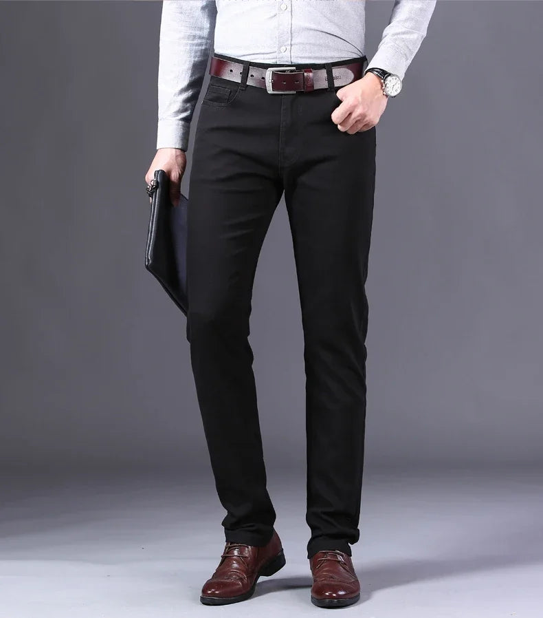 Brand Classic Style Men's Wine Red Jeans Fashion Business Casual Straight Denim Stretch Trousers Male Denim Pants Korean reviews