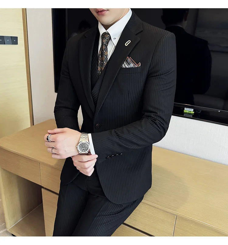 Luxury Stripe Men Suit Korean Version Fashion Elegant Slim Fit Tuxedo Formal Groom Wedding Social Suits