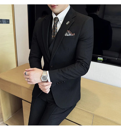 Luxury Stripe Men Suit Korean Version Fashion Elegant Slim Fit Tuxedo Formal Groom Wedding Social Suits