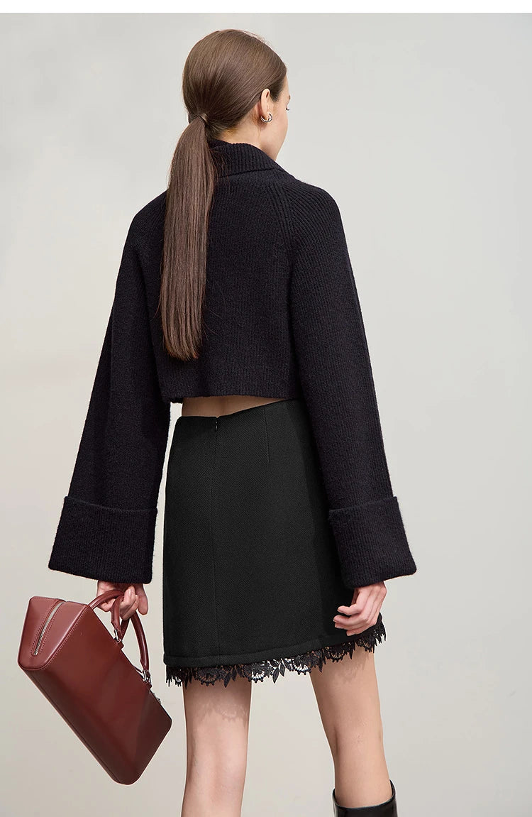 Minimalist Mini Skirt 2025 Winter New Short Wool Warm Skirts For Women Patchwork Lace Casual Solid Clothing Ladies 12544125