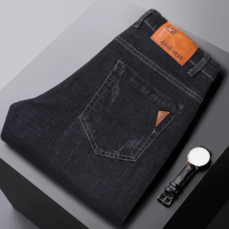 New men's straight leg jeans classic black blue micro elastic casual business casual denim pants men's brand pants