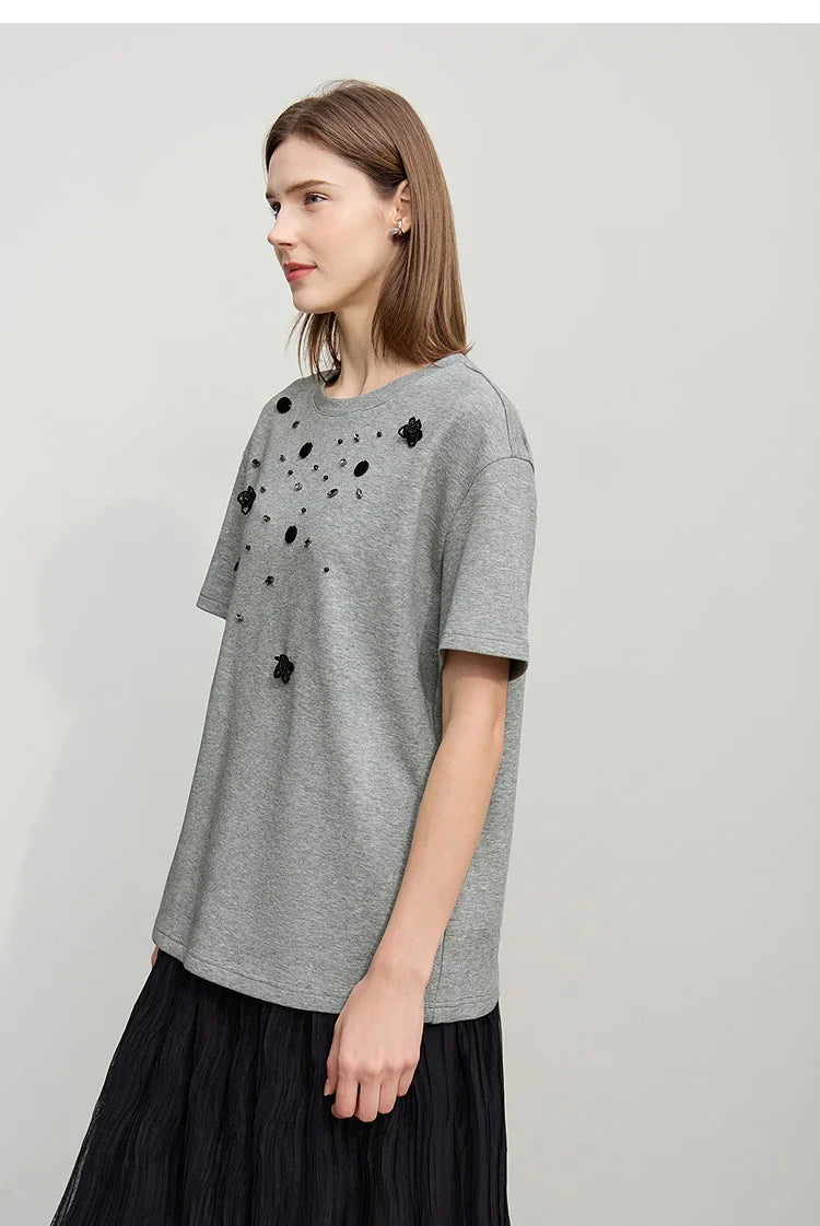 Short Sleeve Tee 2026 Spring New Crew Neck Three-dimensional Bead Flower Bead Diamond Knit T-Shirt Loose Women Top 12641038
