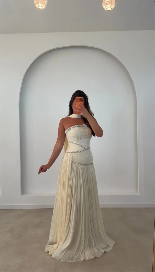 Custom Halter Neck A-Line Evening Dress Crystal Chiffon Prom Dresses Pleated Vestidos De Noche Elegant Formal Evening