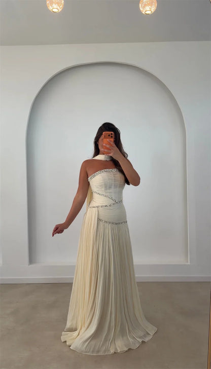 Custom Halter Neck A-Line Evening Dress Crystal Chiffon Prom Dresses Pleated Vestidos De Noche Elegant Formal Evening