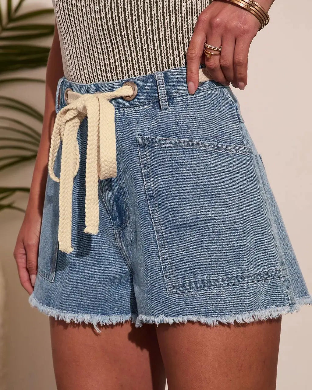 Women's High Waist Denim Shorts with Drawstring Front Pockets Frayed Hem Summer Casual Jeans Shorts