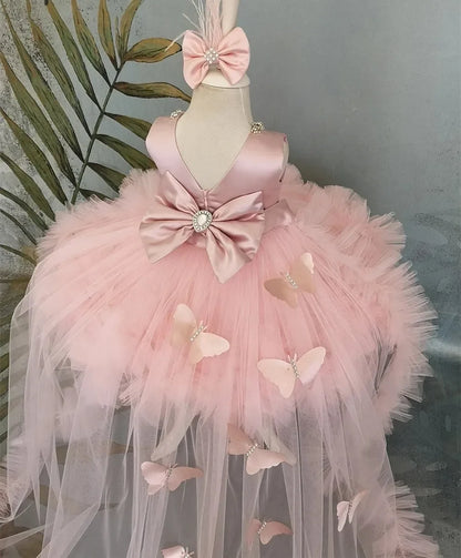 Customized Flower Girl Dresses Puffy Girl Dress Pink Baby Dress With Train Bow Cute Kid's Child Birthday Dresses Frist Communion