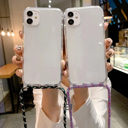 جراب صلب شفاف بحبل تعليق متقاطع لهاتف آيفون 16 15 14 13 12 11 برو ماكس XS XR غطاء ناعم وشفاف