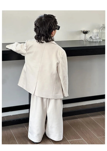 Boys Woollen Loose Blazer Jacket Pants Suits Kids Formal Dress Performance Casual Clothes Sets Child Toddler Party Leisure Suit