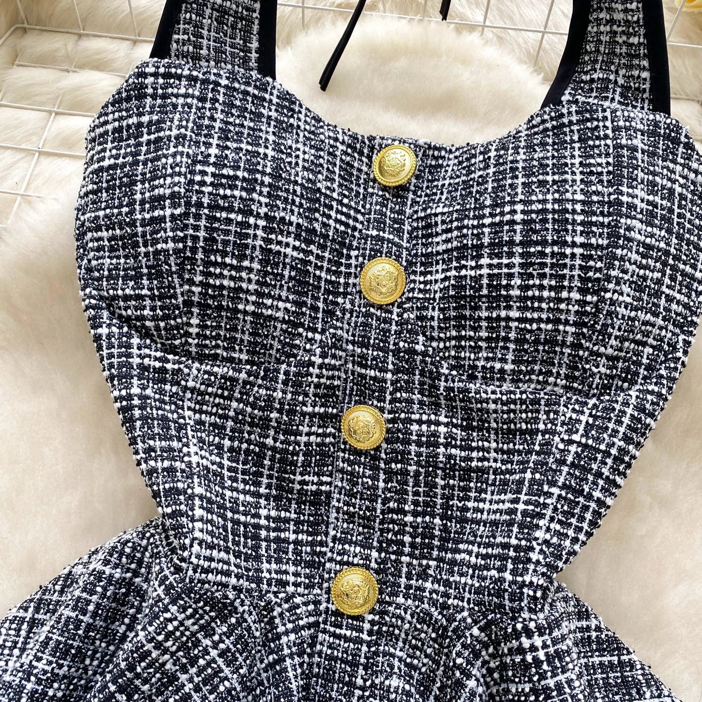 American Summer Women Camisole Halter Buttons Y2K Solid Slim Fit Tops Fashion Chic Tweed Design Hotsweet Tank Top