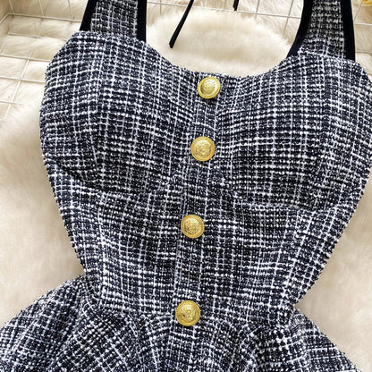 American Summer Women Camisole Halter Buttons Y2K Solid Slim Fit Tops Fashion Chic Tweed Design Hotsweet Tank Top
