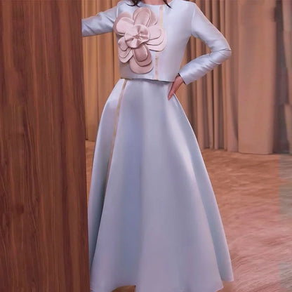 Arabian Prom Dress Two Pieces Party Gown Customized Round Neck Full Sleeves Big Flower Beading A Line Arabic Prom Dresses