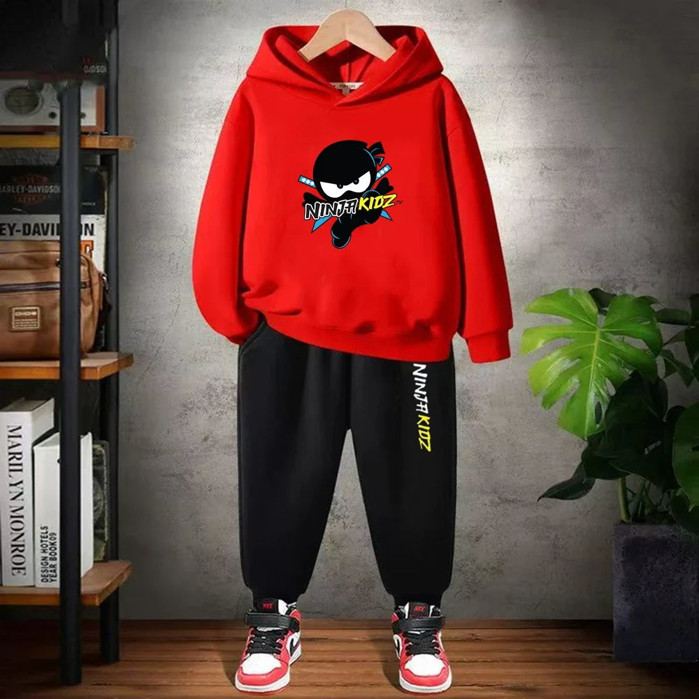 Children Hoodie Child Ninja Print 3-12 Years Old Boys Girls Toddler Coat Top+Pants Stylish Casual Black Sweatshirt Set