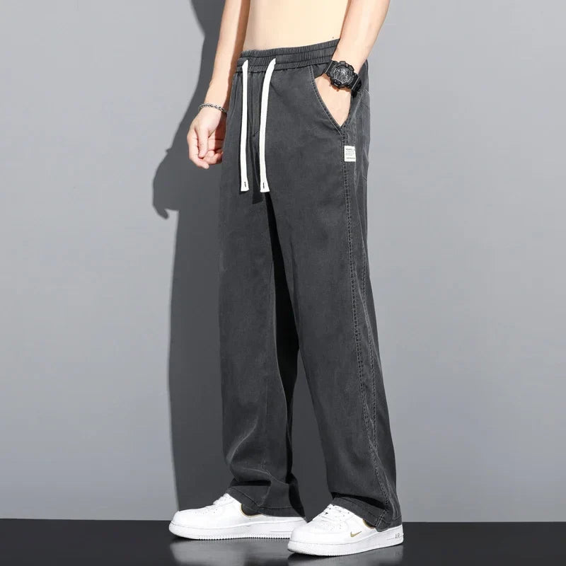Summer Soft Lyocell Fabric Thin Loose Straight Pants Drawstring Elastic Waist Korea Casual Trousers Men's Jeans Plus Size M-5XL