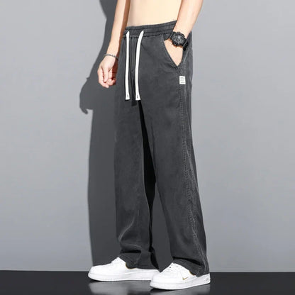 Summer Soft Lyocell Fabric Thin Loose Straight Pants Drawstring Elastic Waist Korea Casual Trousers Men's Jeans Plus Size M-5XL