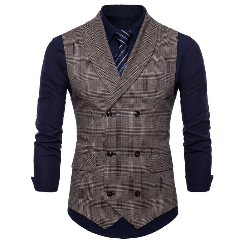 Men Vest Vintage Plaid Turn Down Collar Male Suit Vest Slim Double-breasted Sleeveless Business Casual Man Waistcoat