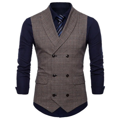 Men Vest Vintage Plaid Turn Down Collar Male Suit Vest Slim Double-breasted Sleeveless Business Casual Man Waistcoat