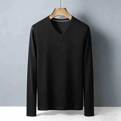 Minimalist Men's V-neck Long Sleeve T-shirt Soft Knitted Fabric Comfortable Top for All Seasons