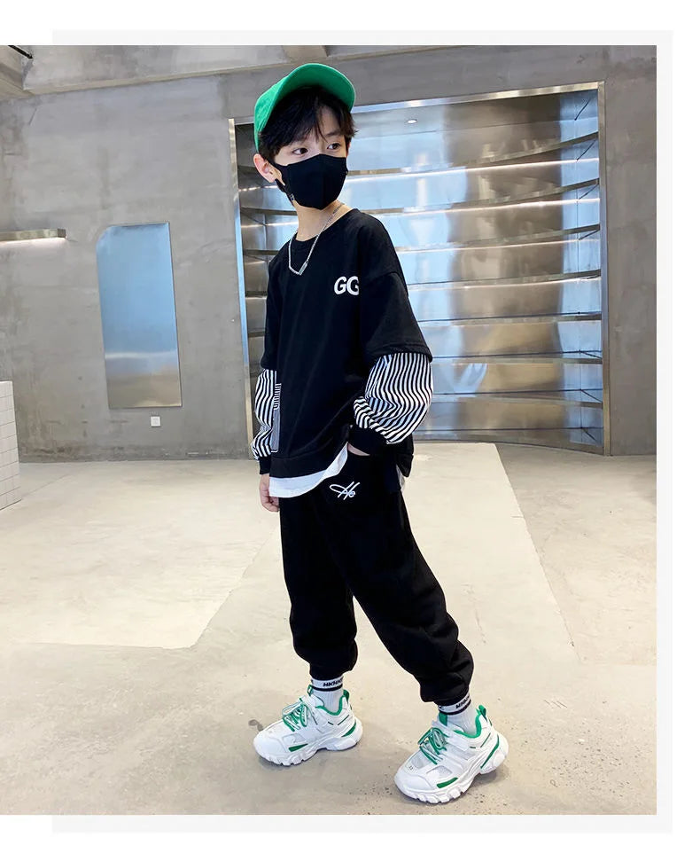 Spring Autumn Girls Boys Striped Patchwork Workout Sweatshirt+Sweatpant Set School Kid 2PCS Tracksuit Child Jogger Outfit 3-14Yr
