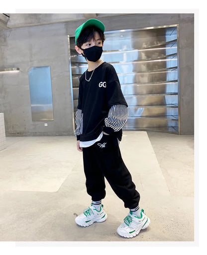 Spring Autumn Girls Boys Striped Patchwork Workout Sweatshirt+Sweatpant Set School Kid 2PCS Tracksuit Child Jogger Outfit 3-14Yr