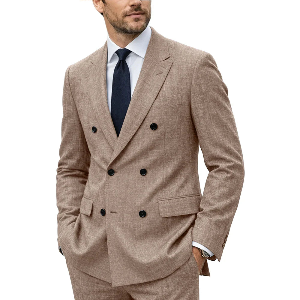 Men's Linen Suit Set  Double Breasted Slim Fit Peak Lapel Formal Blazer Pants Breathable Business Wedding Groom Tuxedo