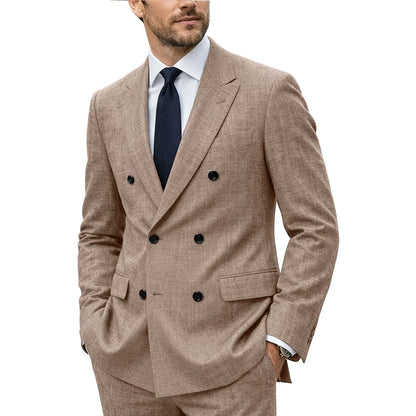 Men's Linen Suit Set  Double Breasted Slim Fit Peak Lapel Formal Blazer Pants Breathable Business Wedding Groom Tuxedo