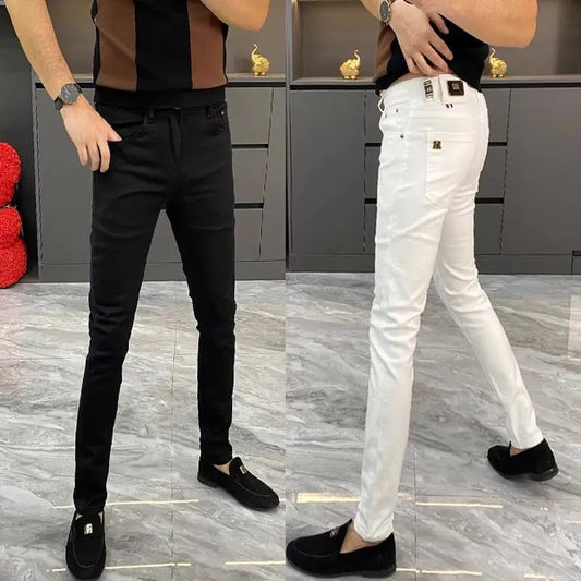 White Jeans Men's European Goods 2025 Summer New Fashion Motorcycle Boots Simple Slim Fit Elastic Versatile Small Feet Trousers