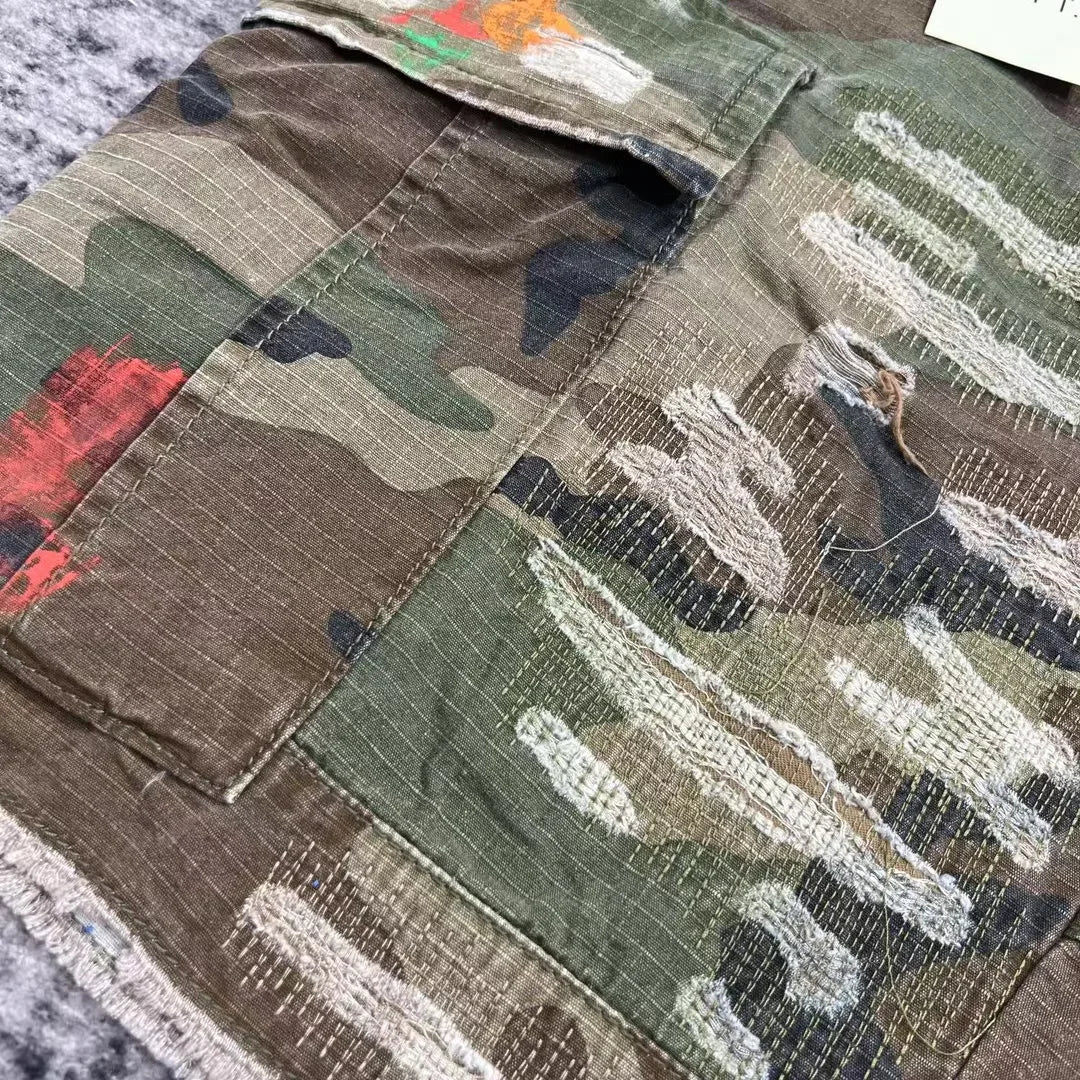 Summer Fashion Camouflage Splicing Leather Letter Washed Retro Knee Jeans Men Women Shorts
