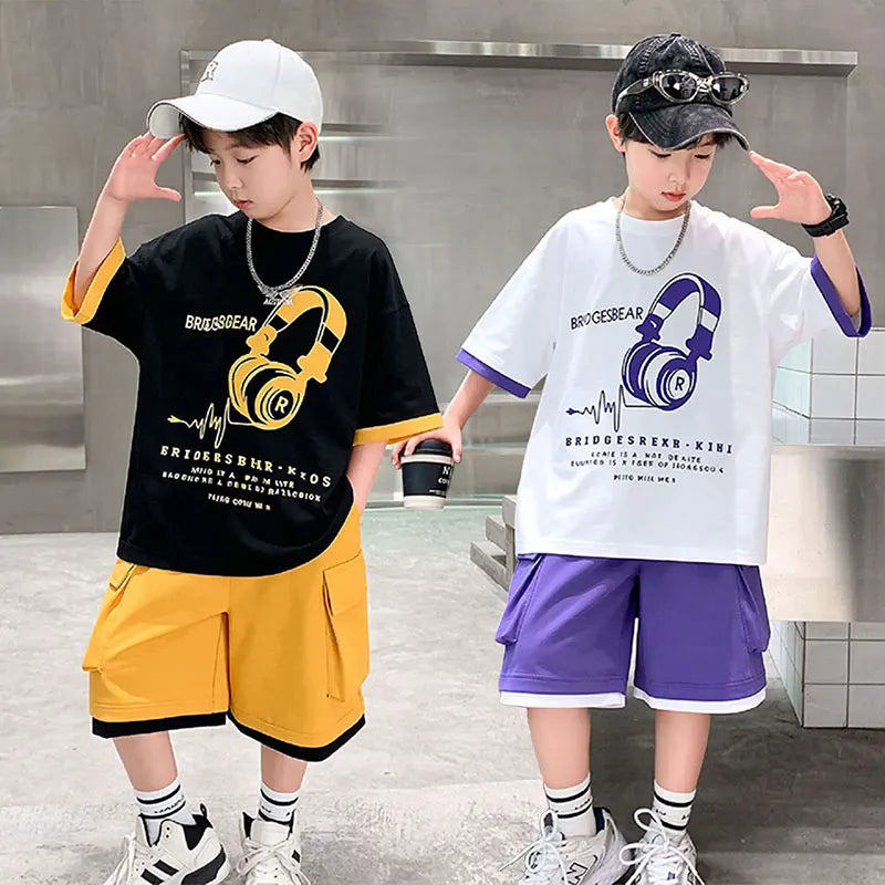 Fashion Stylish Kids Boys Top and Bottom Set Summer Tracksuit Streetwear Children New Trend Short Sleeve Clothes Suit Age 5-14 Y