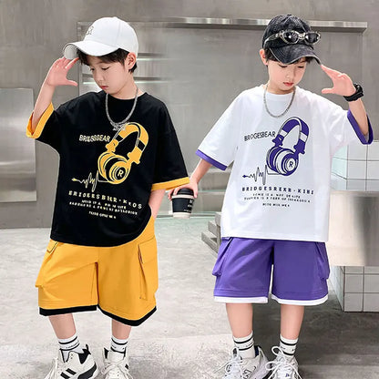 Fashion Stylish Kids Boys Top and Bottom Set Summer Tracksuit Streetwear Children New Trend Short Sleeve Clothes Suit Age 5-14 Y