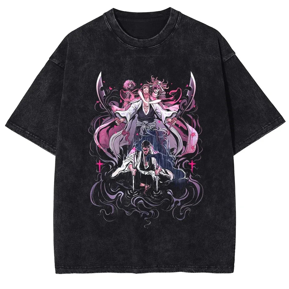 Japan Classic Anime BLEACH Zaraki Kenpachi Print T-shirt Men WomenCasual Tees Vintage Style Cotton Clothing Harajuku Washed Tops