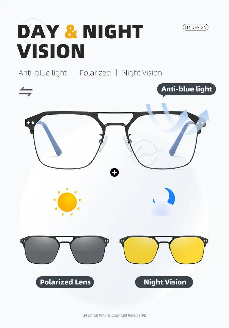 2025 New 3 In 1 Magnetic Multifunctional Men's Glasses Polarized Day Night Vision Clip Eyeglasses Blue Light Blocking Glasses
