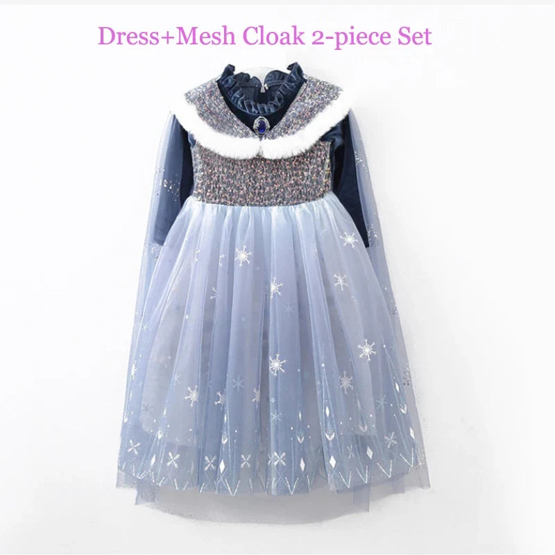 Girls' Spring 2026 New Velvet Elsa Frozen Princess Dress Kids Blue Cape 2 Piece Set Warm Dresses For Girl Party 3-9 Years Old ﻿