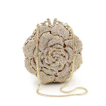 Luxury Rose Shape Diamond Rhinestone Clutch Bag Hollow Metal Banquet Wedding Handbag Women Evening Bag