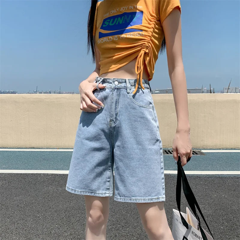 Summer New Korea Fashion Loose Women Jeans Shorts Purple Pink High Waist Straight Pockets Female Wide Short Pants