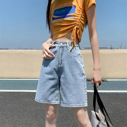 Summer New Korea Fashion Loose Women Jeans Shorts Purple Pink High Waist Straight Pockets Female Wide Short Pants