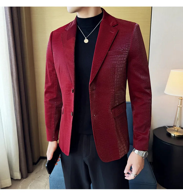 New High Quality Crocodile Stripe Slim Fit Leather Jacket Classic Business Casual Slim Fit Men Blazer Tuxedos Men Clothing 4XL-M