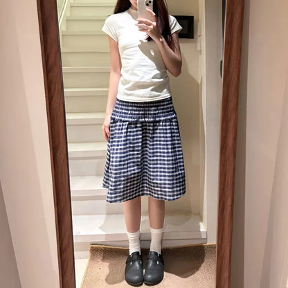 Vintage Plaid Mini Skirt Women Harajuku Aesthetic Patchwork Knee Length Skirts Summer Korean High Waist A Line Faldas New