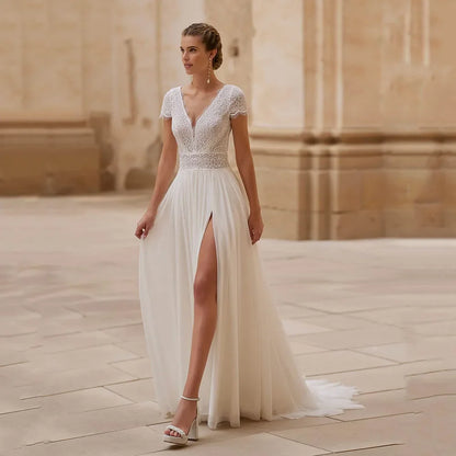Customized Charming Lace Wedding Dresses Beach Bridal Gowns Boho Thigh Slit Bride Dresses Summer Wedding Gowns Short Sleeves