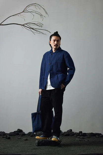 Heavy Weight Indigo Jacket Men Autumn Winter Vintage Workwear Tooling Jacket Blue Dyed Kendo Fabric Multi-pocket Cardgian Coat