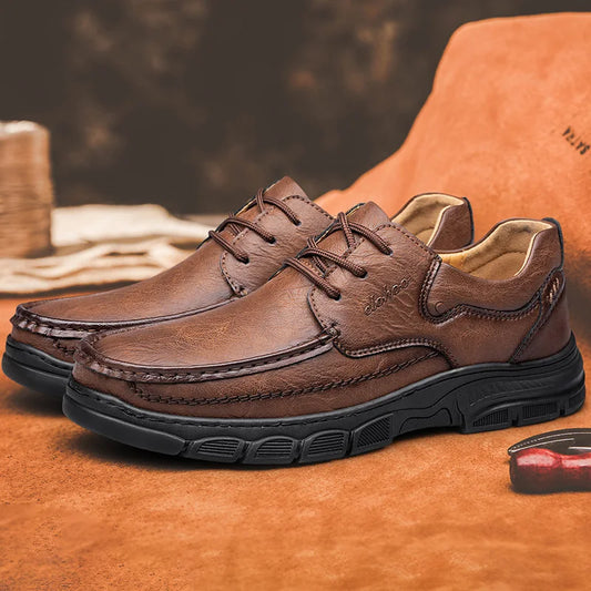 Men's Handmade Thick Rubber Bottom Breathable Casual Leather Shoes Classic Sewn Loafers Comfortable Leisure Footwear