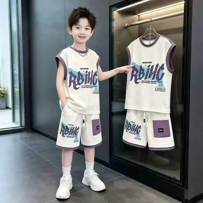 Boys Summer 2-Piece Set Casual Sports Wear Printed T-Shirt Sleeveless Tank Top Shorts Trendy Basketball Outfit