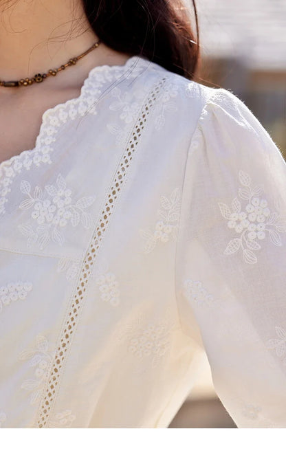 Embroidered Blouse Women 2025 Spring New French Elegant Apricot Lace Premium Drawstring Design V Neck Tops MXE11X1708