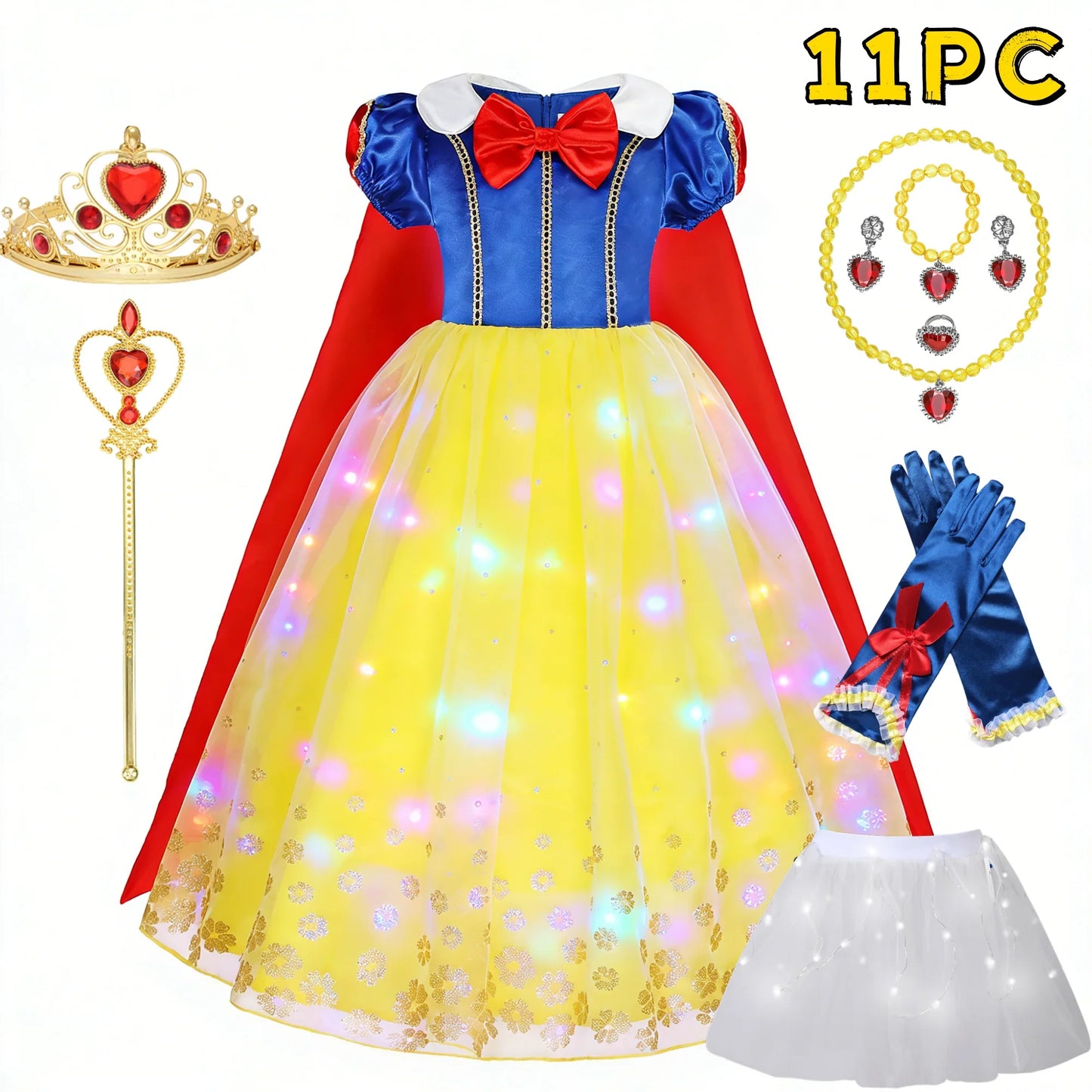 Popular Movie LED Princess Dress, White Snow Dress, With Cape And Headpiece For Halloween Carnival Birthday Party Cosplay